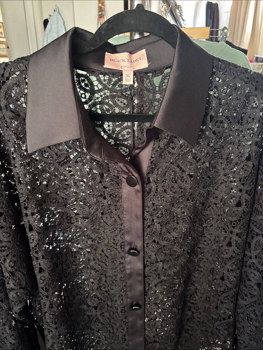 Black Label by Chico’s Black Button Up Lace Shirt Size 14 New With Tags - Picture 3 of 10